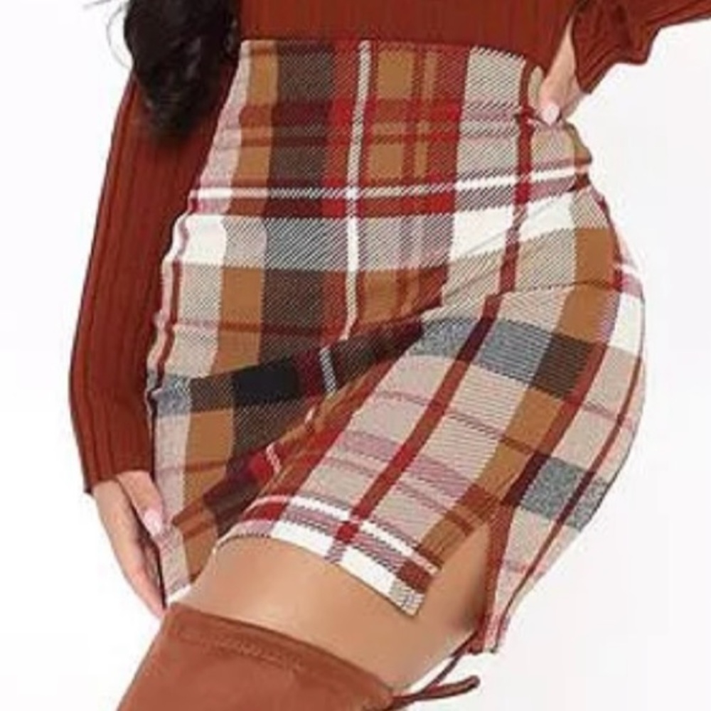 Fashion Nova Tan and Red Mini Pencil Skirt